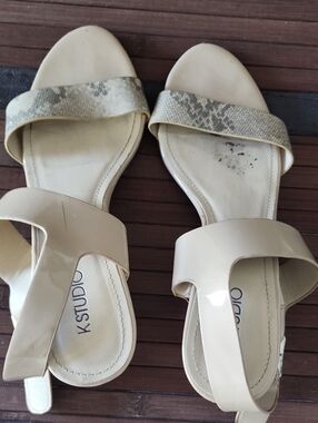 K Studio Women's Cream Slide Sandals with Snake-Print Strap